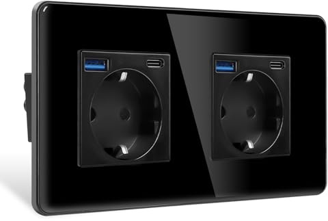 CNBINGO Prise double en verre avec USB C + A - Noir - Double prise encastrée | Prise murale standard UE avec sécurité enfant, 16 A, 250 V