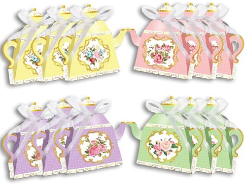 Gkhlg 12 Pieces Vintage Tea Pot Shaped Candy Boxes with Floral Designs Wedding Favour Bags Party Boxes and Afternoon Tea Party Decorations for Weddings Birthdays and Afternoon