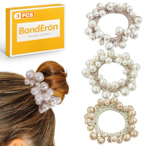BondEron 3 stycken eleganta glitter pärlor hårsnoddar set, elastiskt flätat gummi med starkt grepp, fashionabla hårsmycken för kvinnor flickor