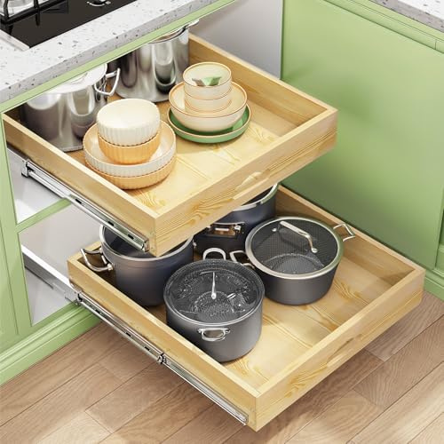 Pull Out Cabinet Organizer, Soft Close Wooden Slide Out Drawers for Pots and Pans, Full-extension Roll Out Shelves for Kitchen Cabinets, Pantry Organization, Bottom & Side Mount(15W X 21D x 3.4''H)