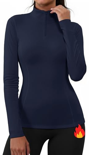 Gyabnw Running Tops for Women UK Thermal Long Sleeve Top Gym Workout Yoga Sports Hiking Shirt Half Zip Activewear Clothes Heather Navy