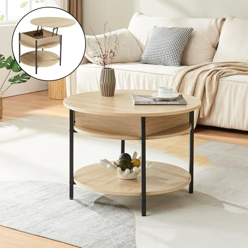 [en.casa] Table Basse Ronde Transformable avec Plateau Relevable et Compartiment de Rangement Intérieur Table d'Appoint Moderne Stable Salon Panneau de Particules Acier 70 x 49 cm Effet Chêne