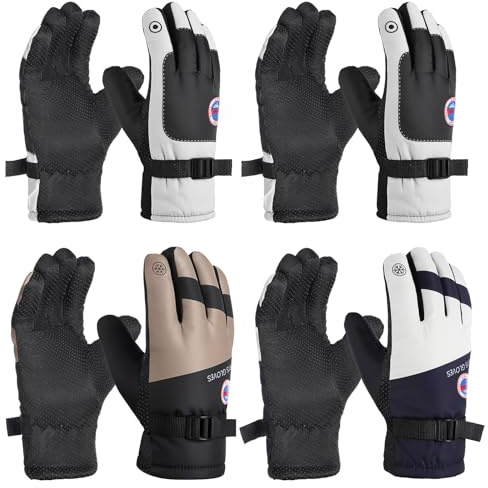 Chicingyou 4 Pcs Winter Ski Snow Motorcycle Gloves, Windproof Waterproof Thermal Insulated Gloves for Men Women with Anti-Slip