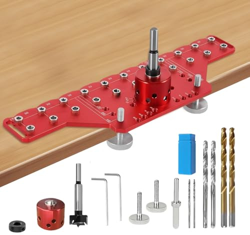 Gabarit de Goupille d'étagère 2 en 1, Outil de Perçage pour étagère avec Forets 5mm et 1/4 pouce, Scie Cloche de 35 mm, Guide de Perçage en Aluminium pour le Bricolage et la Menuiserie