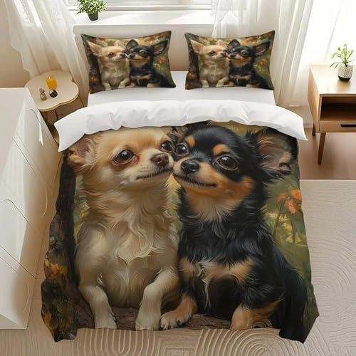 UQGXUQYB Chihuahua Duo Bedding Comforter Sets Bedding Set 3 Pieces (1 Duvet Cover 2 Pillowcases) with Zipper Closure Lightweight