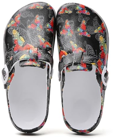 Dam trädgård träskor damer slip-on mules sandal lätt sjuksköterska kök träskor promenadtofflor, Svart fjäril, 40.5 EU