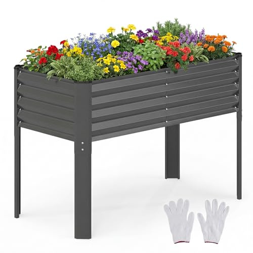 COSTWAY upphöjd trädgårdsbädd i metall, förhöjd trädgårdsbädd upp till 50 kg, planteringskärl med avloppssystem, för grönsaker, frukt, blommor, örter, örtbädd för balkong, trädgård, terrass, 118 x 60
