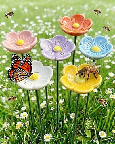 Blomformad drickstation för bin och fjärilar, 6-pack, keramik, på pinne. Lämplig för pollinerande insekter och fjärilar.