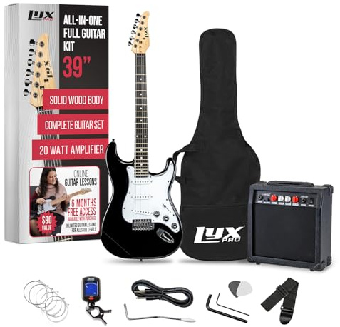 LyxPro Electric Guitar 39 inch Complete Beginner Starter kit Full Size with 20w Amp, Package Includes All Accessories, Digital Tuner, Strings, Picks, Tremolo Bar, Shoulder Strap, and Case Bag - Black
