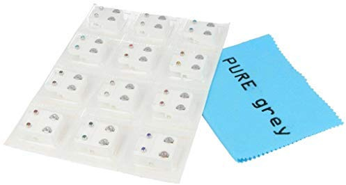 24 Ohrstecker (12 Paar) Erstohrstecker Chirurgenstahl/vergoldet mit 12 Farben inklusive PUREgrey Schmuckpoliertuch