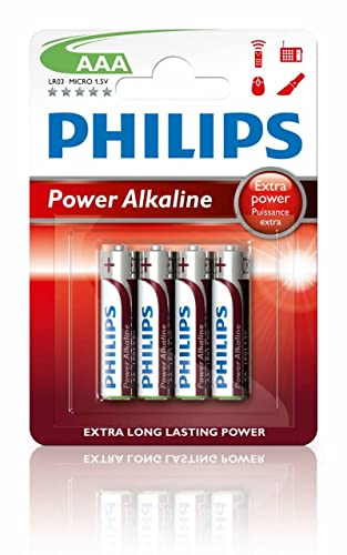 Philips LR03P4B/05 - Power Alkaline AAA Battery Pack - (1 x Blister 4 Pack) - 1.5V