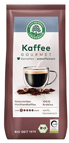 LEBENSBAUM gemahlener Kaffee Gourmet entkoffeiniert, Bio-Kaffee gemahlen, 100% Arabica, Intensität 1/5, sanft-harmonischer Genuss, 250 g