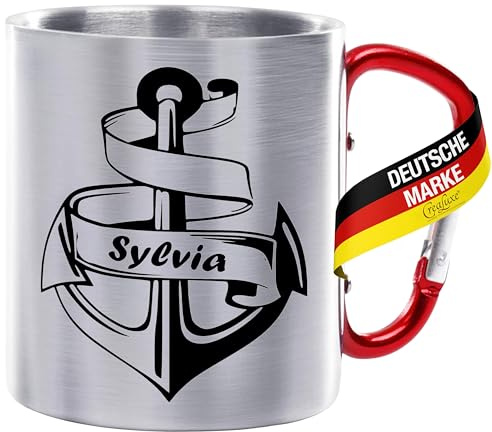 CreaLuxe Edelstahltasse mit Karabiner - Anker mit Wunschname - 330ml, Tasse personalisiert, Kaffeetasse, Bürotasse, Metalltasse mit Name