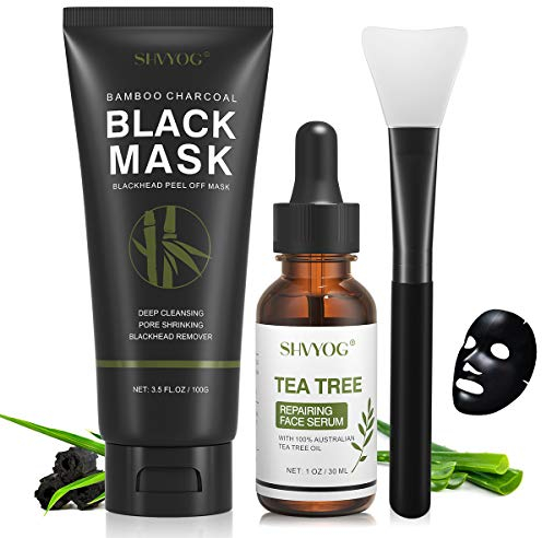 Blackhead Peel Off Face Mask, SHVYOG 3-in-1 Blackhead Remover Charcoal Mask with Brush & Tea Tree Serum, Purifying Deep Cleansing Black Mask for Blackheads, Dirt, Acne, Pores Shrinking (100g+30ml)