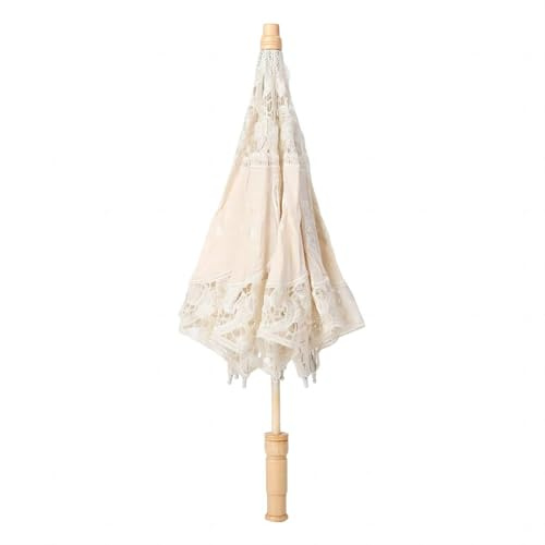 VIFER Ombrello in Pizzo Bianco, Ombrello di Fiori di Pizzo Ombrello da Sposa Decorativo Ricamo Fatto a Mano con Manico in Legno per Danza Fotografica, L Beige