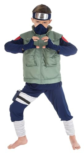 Chaks - Costume Kakashi Hatake pour garçons, tenue Naruto officielle avec accessoires, ensemble anime 8 pièces pour carnaval et Comic Con, Vert, Bleu, 128