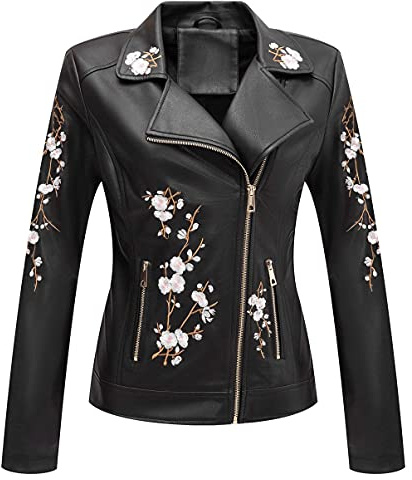 Giolshon Chaqueta de Cuero Sintético para Mujer Abrigo Corto de Motociclista de Otoño Elegantes Floral Informal de Moto 1702021 Negro L