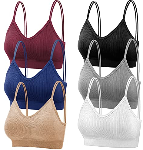 Thrilez 6Pcs V Neck Cami Bras for Women, Camisole Non-Wired Bralettes, Seamless Sports & Sleeping & Home Bra with Double Straps & Removable Pads for Women Girls