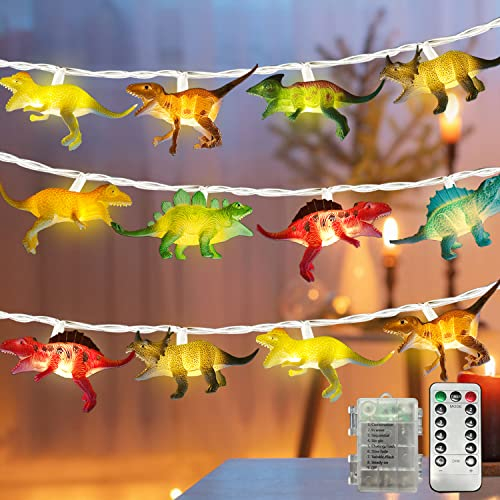 NLNEY 20er LED Dino Lichterkette, 3M Dinosaurier Figuren Deko Lampe Kindergeburtstag Kinder Spaß Nachtlicht Vorhang Batteriebetrieben für Innen Außen Jungen Mädchen Baby Zimmer Party Deko