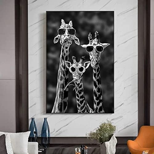 Jianghu Art Cuadros Lustige Giraffe Familie mit Sonnenbrille Leinwand Poster und Drucke Schwarz-weiße Tiere Gemälde Wandkunst Bild 80x125cm(32x49in) Mit Rahmen