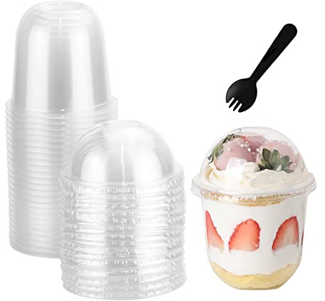 MR.FOAM 12oz Disposable Clear Plastic Cups with Lids ,25 Pack Dessert for Parfait Ice Cream Fruit Iced Cold Drinks Wedding Thanksgiving Halloween Christmas Party (No Hole), 50 Count (Pack of 1)