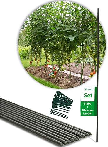 Novatool 10x Rankstab 110 cm + 40x Pflanzensicherung Rankhilfe Gurken Tomatenstab Pflanzenbefestigung Stab Baumbinder Pflanzenbinder Clips Pflanzenklammern Pflanzenhalter Gewächshaus Zimmerpflanze
