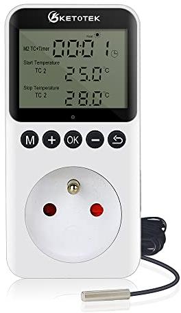 KETOTEK Steckdose Thermostat Tag / Nacht, digitaler Temperaturregler mit Timer für Terrarium, Gewächshaus, Heizung, Kühlung, Controller 220 V mit Sonde