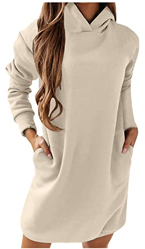 Huvtröja klänning dam med huva: sweatklänningar för dam långärmad fritidsklänning vinter sweatshirtklänning oversize sweatklänning vintage lång huvtröja tröja vinter höst lång tröja huvtröja, Beige, M