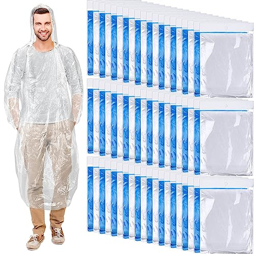 Handepo 100 Pack of Adult Rain Ponchos with Hood Disposable Plastic Rain Ponchos Bulk Emergency Raincoat for Men Women Adult(Blue, White)