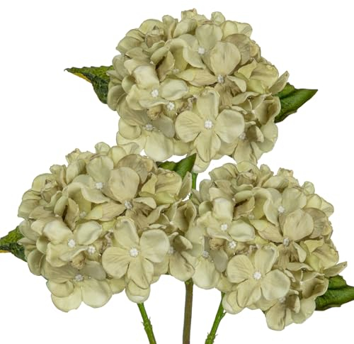 Briful 3 flores artificiales de hortensias de seda color crema de 33 cm para decoración del hogar, cocina y baño