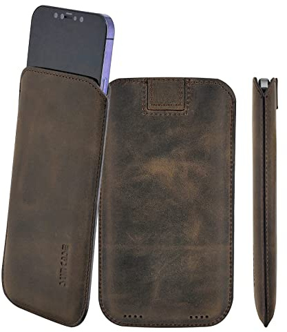 Suncase Original Leder Etui kompatibel mit iPhone 15 (6,1 Zoll) Hülle Tasche Ultra Slim Ledertasche Schutzhülle Case (mit Rückzuglasche) in antik braun