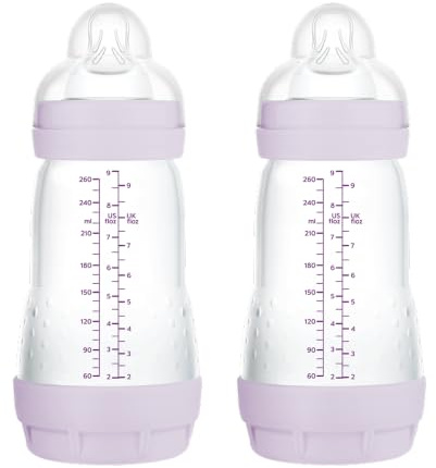 MAM Pack 2 Biberones Anticólicos, 2-4 Meses, 260ml, con con Tetina 2 Flujo Medio de Silicona de Fácil Aceptación, Autoesterilizable y Fácil de Limpiar, MAM Easy Start Anti-Colic, Rosa Mate, 2uds