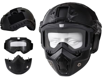 Casco tattico Airsoft e maschera integrale con occhiali rimovibili con supporto NVG anteriore e guida laterale PJ FAST Helmet