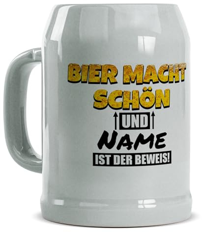 Tassendruck Bierkrug selbst gestalten - Bier macht schön - mit Name - Personalisiertes Geschenk für Biertrinker, Bier Geschenke, Bierkrug bedrucken, Bierliebhaber | Fotogeschenk, 500 ml, Keramik Grau