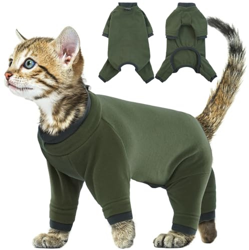 Ropa de Invierno para Gatos - Pijama para Gato, Suéter Cálido, Chaleco Polar, Jersey para Gato, Traje Anti Lamida - Verde Militar, XS