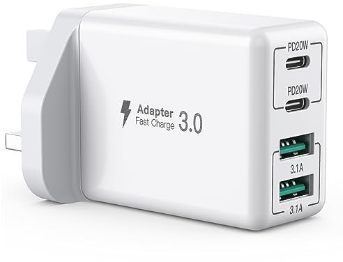 USB C Plug, 40W 4-Port Fast Charger Plug, Dual PD Type C Port & Dual QC USBA Port, UK Wall Charger Charging Block USBC Power Adapter for iPhone 11/12/13/14/15/16 Series/XS/XR/SE/8/Samsung/iPad