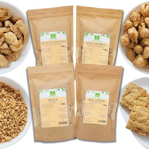 Soja Fleisch 4x500g 2kg Mix mit Big Steak, Soyschnetzel, Soja-Hackfleisch | Sojafleischersatzprodukte, Alternative zu Fleisch, Geeignet für Veganer, Fleischersatz aus Sojagranulat, getrocknet, 4-pack