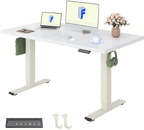 FLEXISPOT Standing Desk ONE PIECE Desktop Electric Height Adjustable Sit Stand Up with Backpack Hook Memory Smart Panel for Home Office, QN1 140 * 80cm Mousse White