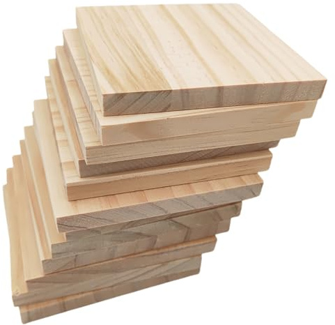 12 Stück Unlackierte quadratische Holzblöcke zum Basteln, 10 x 10 x 1 cm blanko Holzquadrate aus Kiefernholz für Holzschnitzerei, DIY-Holzuntersetzer, Malen und Brennen