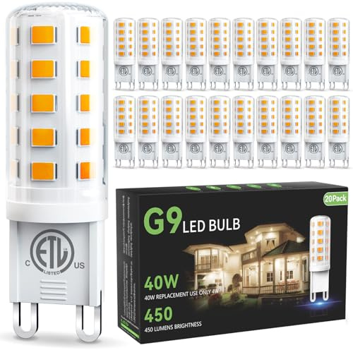 VOLIVO G9 LED Light Bulb 40W Equivalent, Warm Soft White 2700K, T4 G 9 Bi Pin Base Halogen Replacement, Energy Saving 4W for Home, 120V, 450 LM, Non Dimmable, 20 Pack