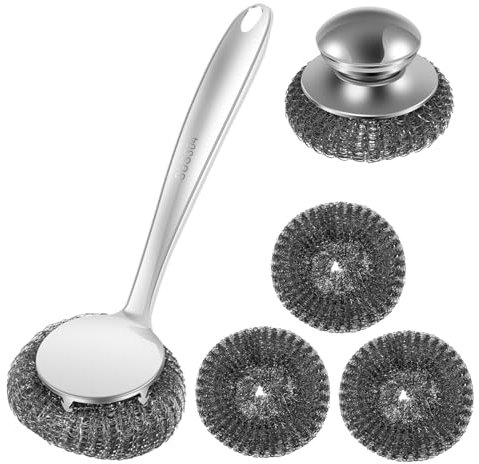 SO Steel Wool Scrubber Detachable Stainless Steel Scrubber Ergonomic Handle Stainless Steel Wool Scrubber Reusable Stainless Steel Dish Scrubber for Cleaning Dishes yupogongfu(5pcs)