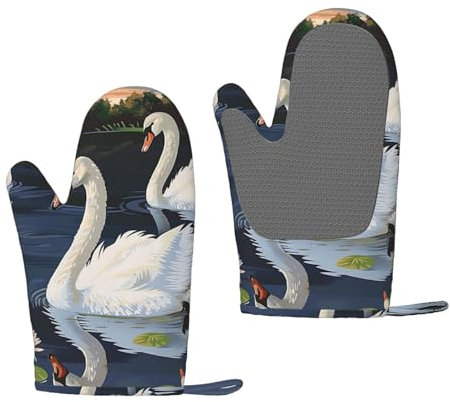 Schöne weiße Schwäne auf dem See, bedruckte Silikon-Ofenhandschuhe, 2-teilig, hitzebeständig, wasserdicht, Backhandschuhe, Kochhandschuhe
