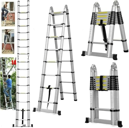 5M (2,5 + 2,5 m) Mehrzweck Aluminium Teleskopleiter Ausziehbare Trittleiter A-Rahmenleiter Schwere 150kg Tragfähigkeit