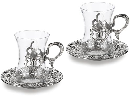 Alisveristime Türkisches Teeservice mit 2 Glasbechern, 100 ml (Silber)