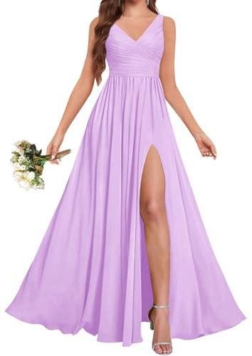HPPEE Abito da damigella d'onore in chiffon con scollo a V e spacco plissettato lungo abito da sera formale, Lilla, 48