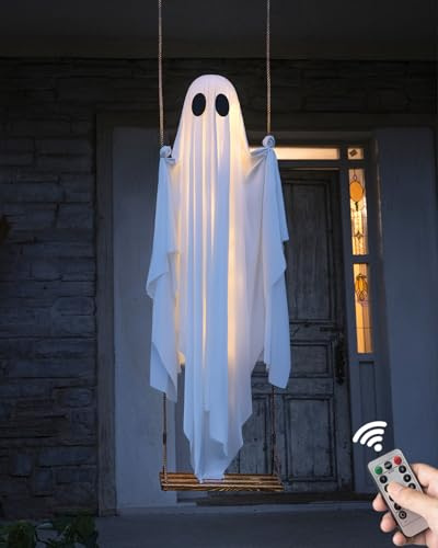 MERKYO Halloweendekorationer utomhus – 1,5 m stort hängande gunga spöke halloween dekor med ljusslingor, läskiga söta spöken dekorationer för främre veranda gård träd