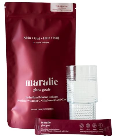 Maralie Glow Goals Colágeno Hidrolizado en Sobres [30 unidades] - Colágeno Marino Tipo 1 con Vitamina C, Zinc, Ácido Hialurónico e Inulina - Sabor neutro y de fácil disolución