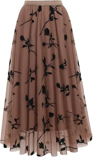 comefohome Skirts for Women UK Elasticated Waist Midi Length Pleated Tulle Skirt A Line Floral Long Summer Skirts Khaki XS