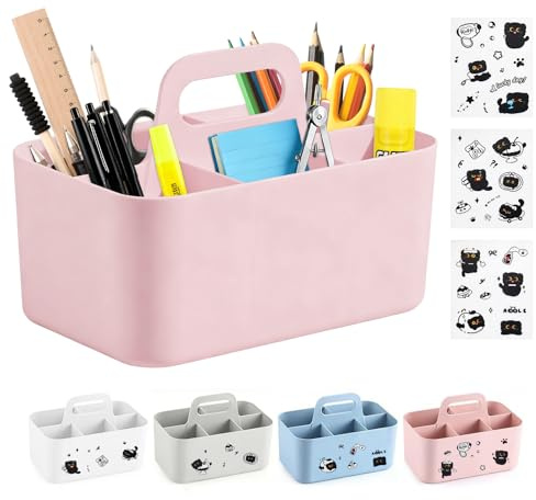 Chesomn Stifte Organizer mit 5 Fächer, Korb Organizer mit Griff | Stapelbarer Caddy Organizer Mehrzweck Abnehmbare Kunststoffkorb für Kunst, Make-up, Bürobedarf (Hellgrau, 25×15.4×17cm)