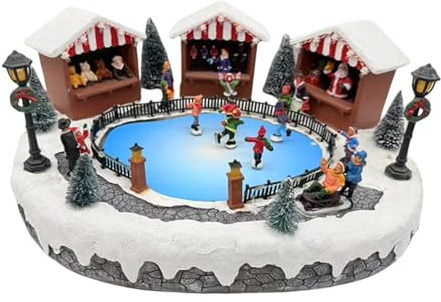 Baoblaze Casa di villaggio natalizio da collezione, in resina, con sciatore musicale e pista di pattinaggio animata per bambini, regalo per le casa